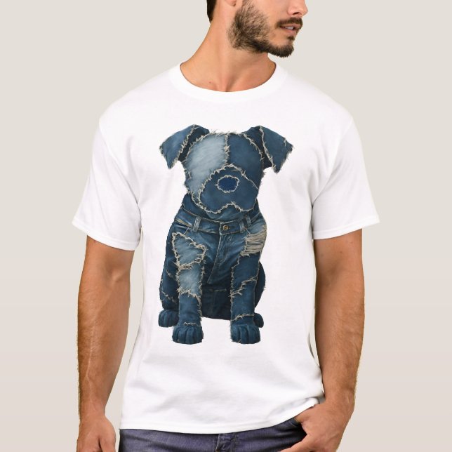 Camiseta de Cachorro de Arte em Remendo de Jeans F (Frente)