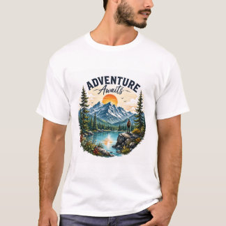 Camiseta de caminhada no lago da montanha da avent
