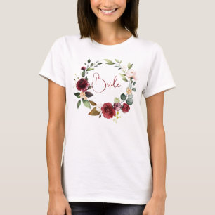 Camiseta de casamento floral Borgonha Noiva