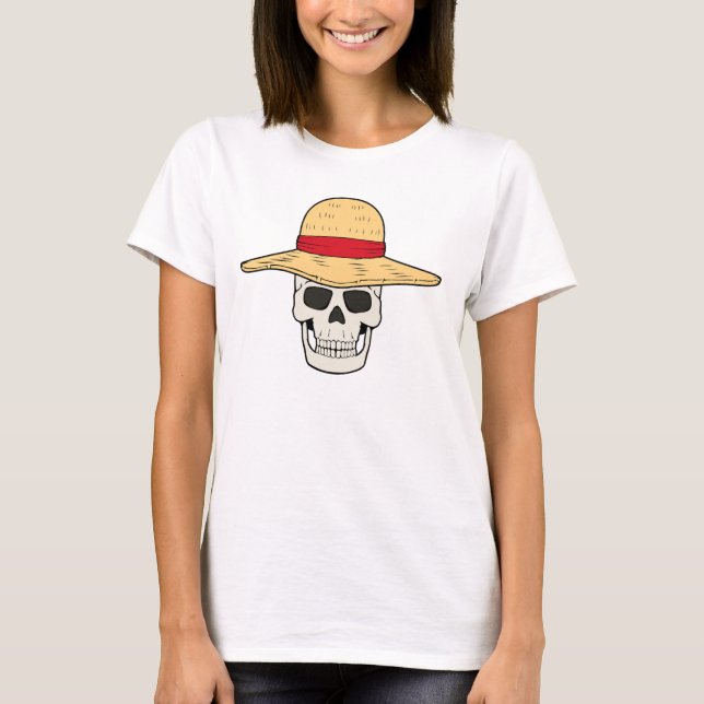 Camiseta de Caveira de Chapéu de Palha para Mulher (Frente)