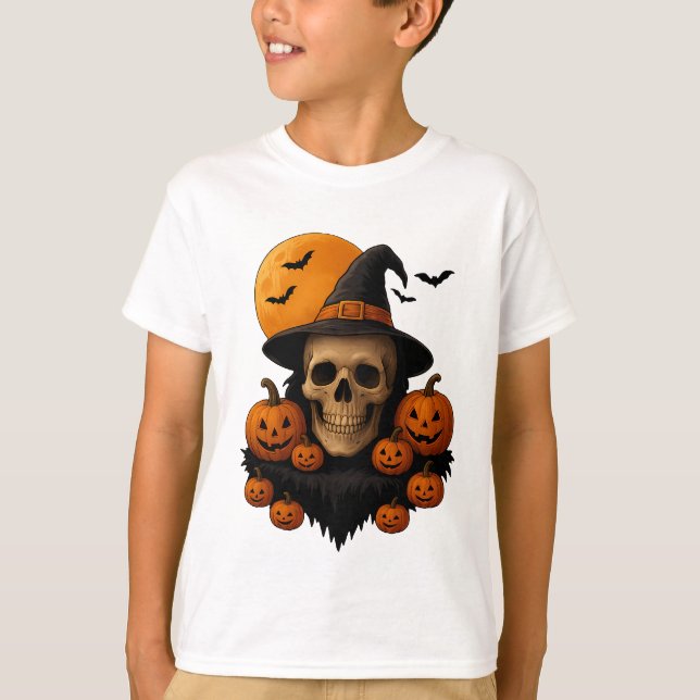 Camiseta de Caveira de Halloween com Abóboras e Ch (Frente)