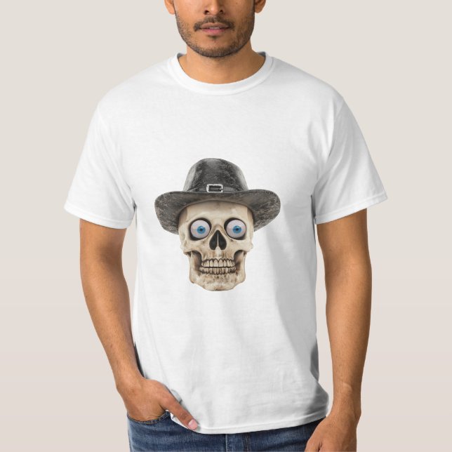 Camiseta de caveira fofa e sinistra usando chapéu (Frente)