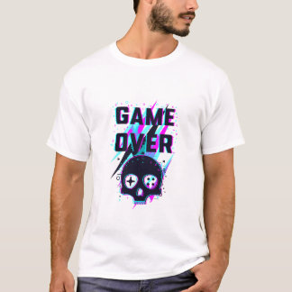 Camiseta de Caveira Gamer Game Over Neon Retro 80s
