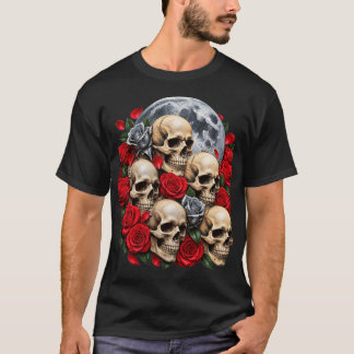 Camiseta de Caveiras Góticas e Rosas Vermelhas | F