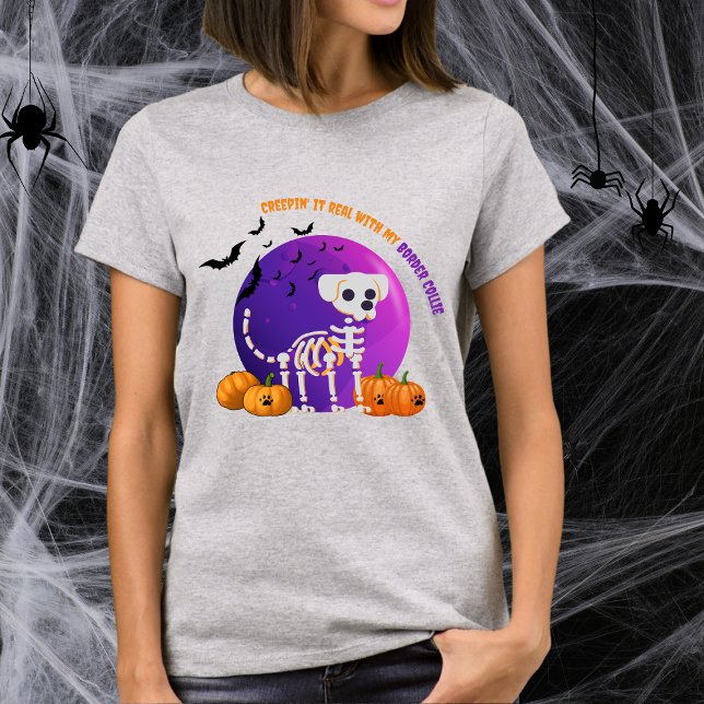 Camiseta de Collie Cheia de Lua Cheia Camiseta do  (Spooky Halloween t-shirt with a dog skeleton, full moon, pumpkins, bats, and your favorite dog breed)