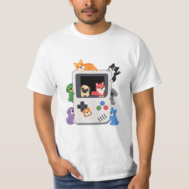 Camiseta de console Game Boy retrô com cachorros f (Frente)