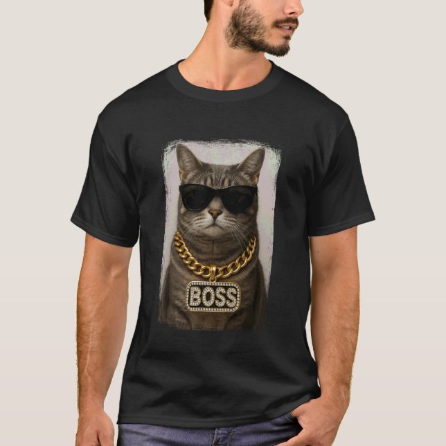 Camiseta de corrente brilhante com gato usando ócu (Frente)