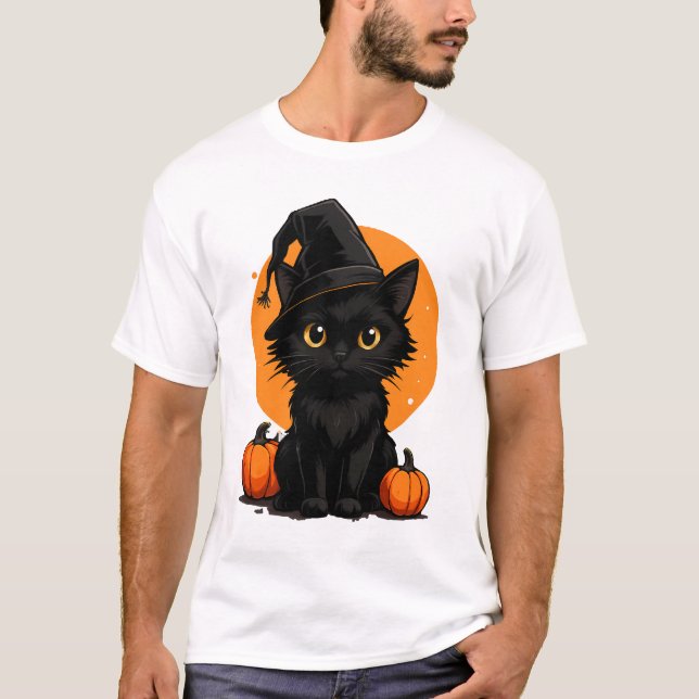 Camiseta de desenho animado de gato preto fofo | P (Frente)