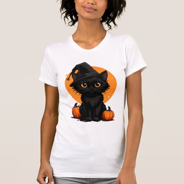 Camiseta de desenho animado de gato preto fofo | P (Frente)