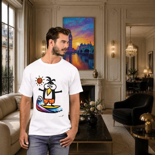 Camiseta de desenho animado de pinguim surfando en (Criador carregado)