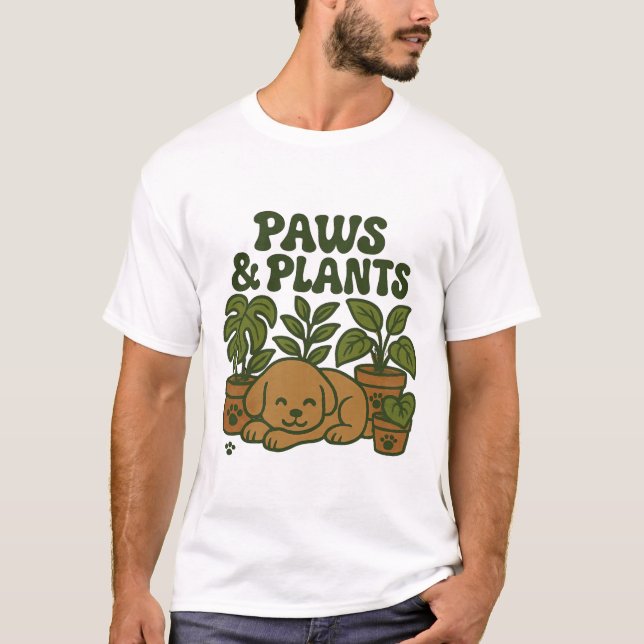 Camiseta de Design de Cães e Jardins Patas e Plant (Frente)