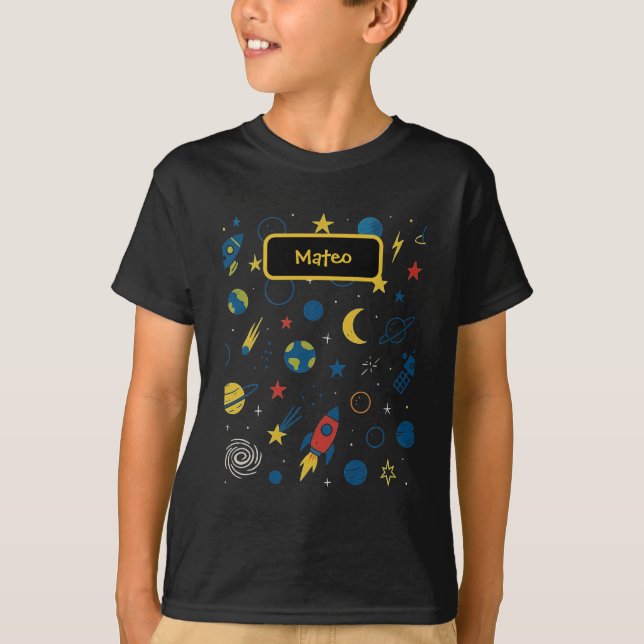 Camiseta de design de galáxia com foguete e estrel (Frente)