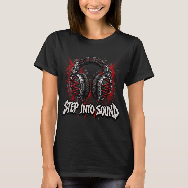 Camiseta de DJ com Fone de Ouvido Step Into Sound, (Frente)