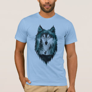 Camiseta de dupla exposição da floresta do lobo mí