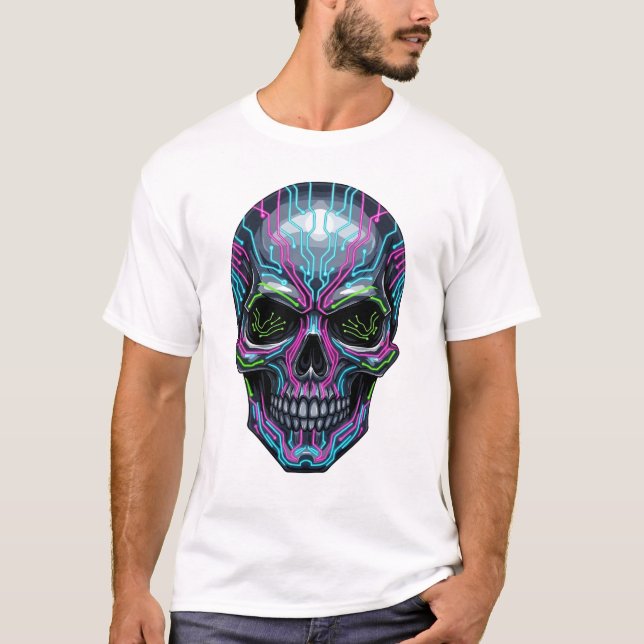 Camiseta de Esqueleto Cyberpunk – Crânio Neon Futu (Frente)