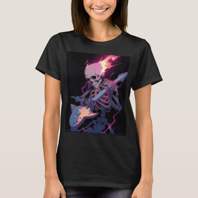 camiseta de esqueleto de rocha flamejante feminina (Frente)