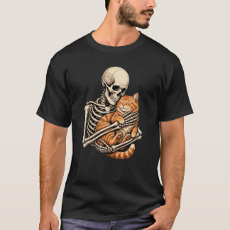 Camiseta de Esqueleto Fofo Abraçando Gato Laranja
