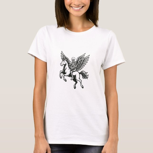 Camiseta de Esqueleto Montado em Cavalo Alado (Frente)