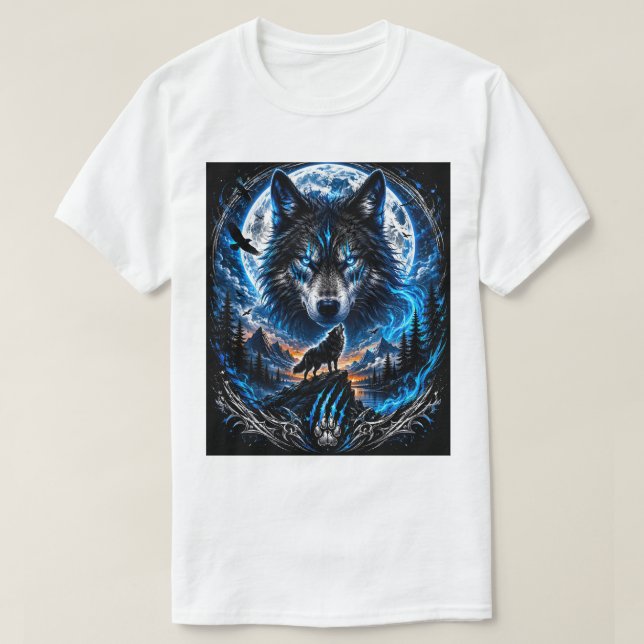 Camiseta de Fantasia Arte Azul Lobo Lua (Frente do Design)