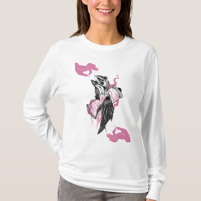 Camiseta de folhas compridas das mulheres Raven (Frente)