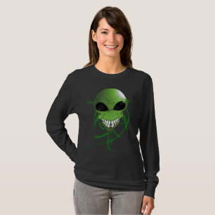 Camiseta de folhas compridas, de alienígena verde,