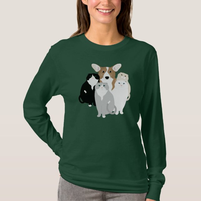 Camiseta de folhas longas de gatos e cães (Frente)