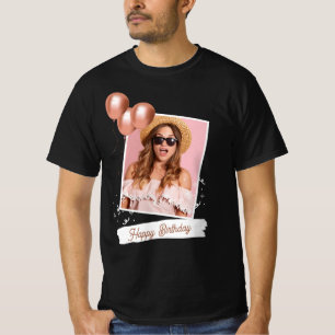 Camiseta de Foto de Aniversário Feliz Preto e Bran