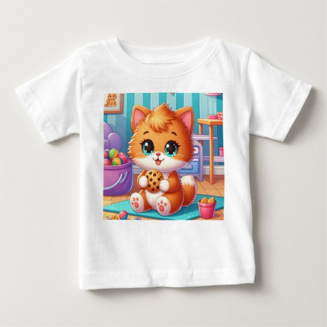 Camiseta de Gatinho Brincalhão Com Um Biscoito (Frente)