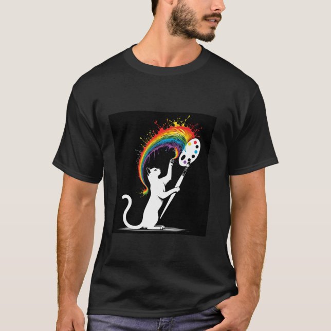 Camiseta de Gato Artístico com Arco-íris para Aman (Frente)