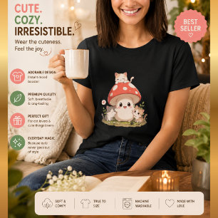 Camiseta de Gato Cogumelo Fofo – Kawaii Cottagecor