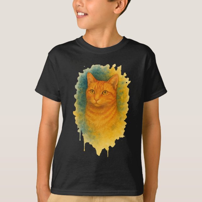 Camiseta de Gato em Aquarela: Brilho Dourado (Frente)