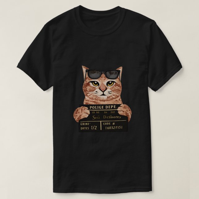 Camiseta de Gato Engraçado na Delegacia (Frente do Design)