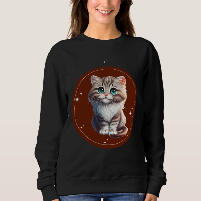 Camiseta de Gato Fofo Ilustrada Marrom e Branco (Frente)
