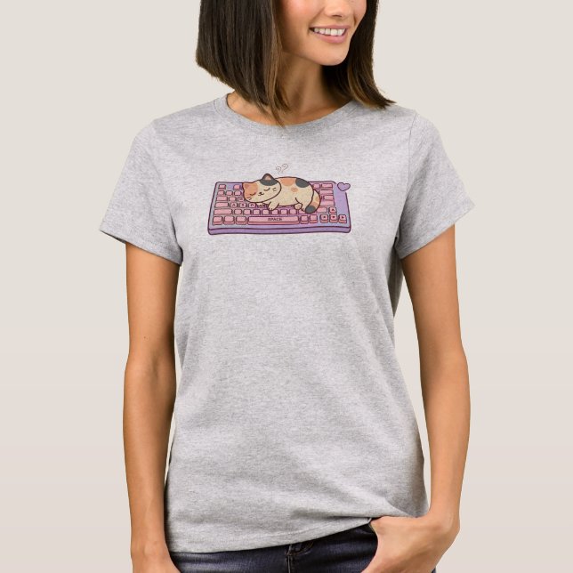 Camiseta de Gato Fofo Kawaii Teclado (Frente)