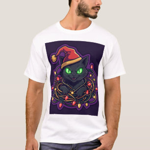 Camiseta de Gato Preto em Chapéu de Papai Noel Ema