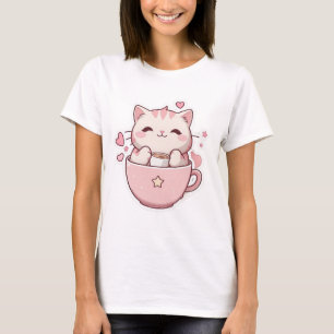 Camiseta de gato rosa-do-céu-rosa-kawaii
