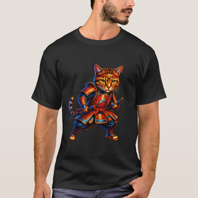 Camiseta de Gato Samurai de Fogo – Guerreiro Felin (Frente)