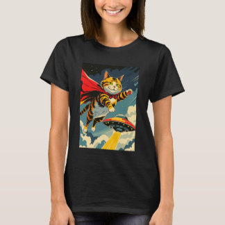 Camiseta de Gato Voando com OVNI, Gato Fofo com Ca