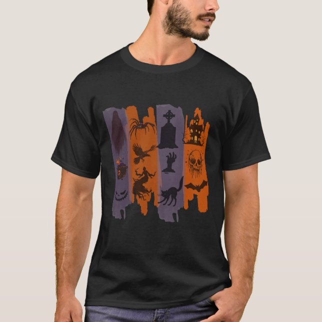 Camiseta de Halloween – Colagem de Ícones de Terro (Frente)
