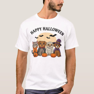 Camiseta de Halloween com Gatos e Cães Fofos Disfa