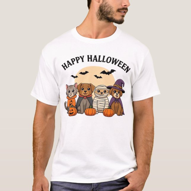 Camiseta de Halloween com Gatos e Cães Fofos Disfa (Frente)