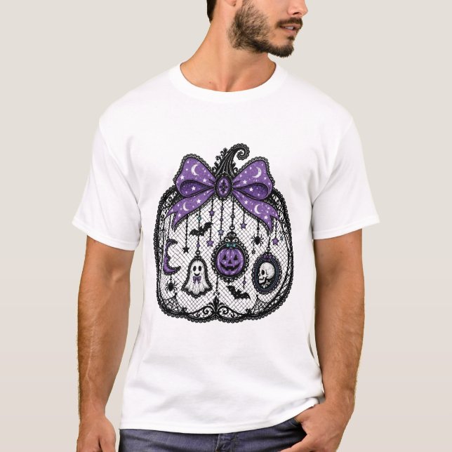 Camiseta de Halloween com Laço de Renda Gótica Rox (Frente)