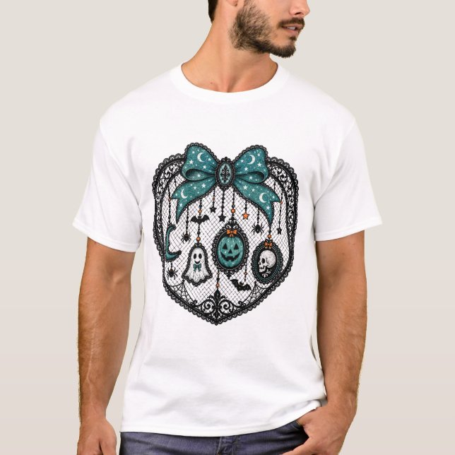 Camiseta de Halloween com Laço Gótico em Verde Azu (Frente)