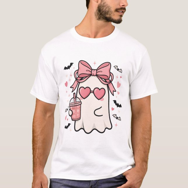 Camiseta de Halloween com Laço Rosa Boujee Ghost (Frente)