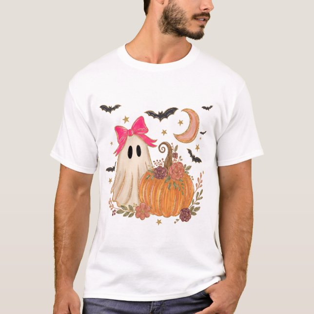 Camiseta de Halloween com Laço Rosa de Fantasminha (Frente)