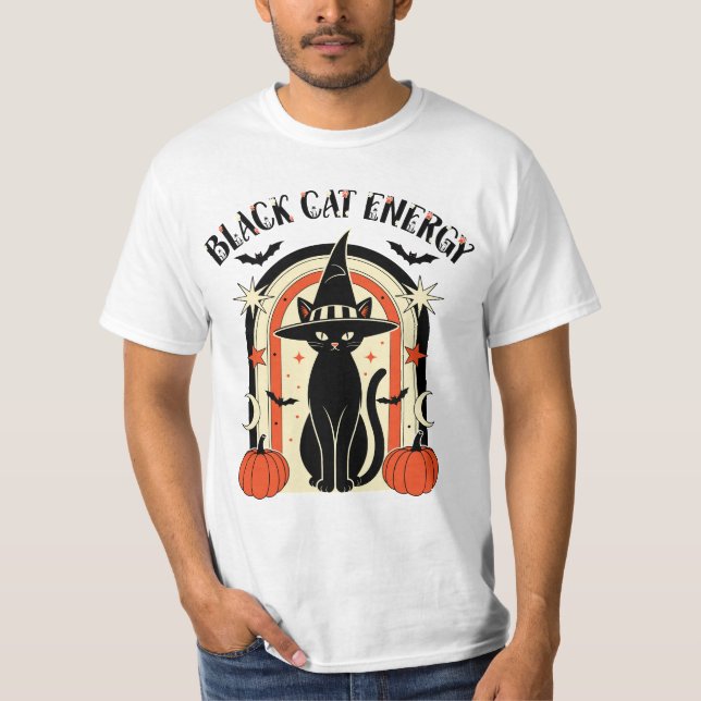 Camiseta de Halloween da Bruxa de Energia de Gato  (Frente)
