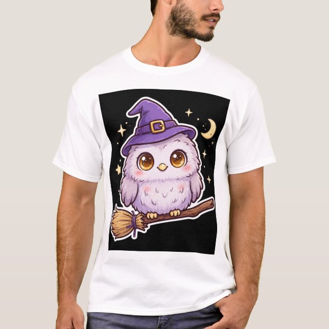 Camiseta de Halloween de Coruja Fofa com Chapéu de (Frente)