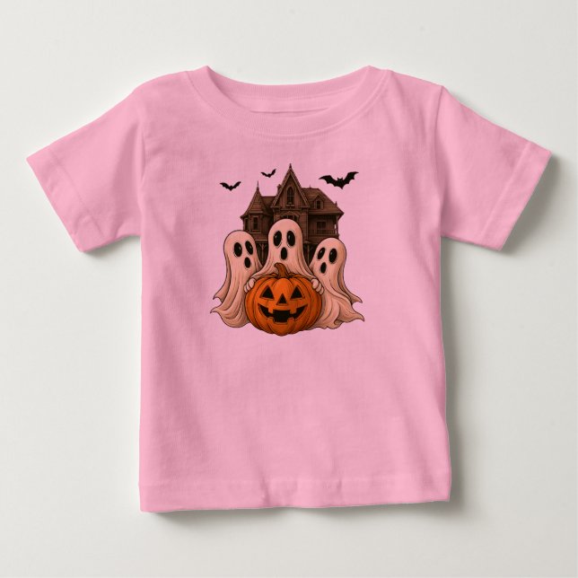 Camiseta de Halloween de Fantasma Fofo com Abóbora (Frente)