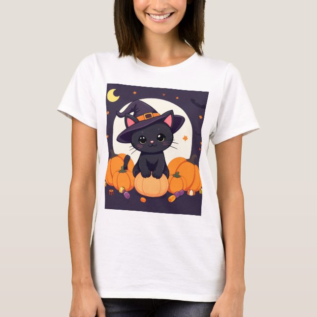 Camiseta de Halloween de Gato Bruxa Mágica Definit (Frente)