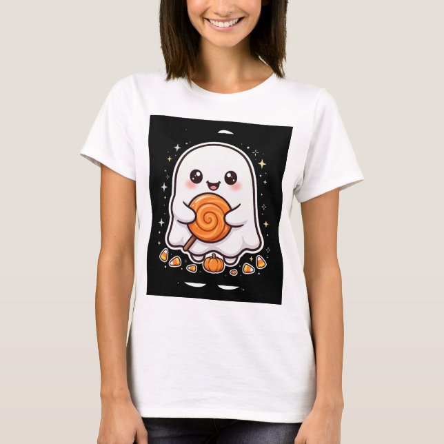 Camiseta de Halloween de Pirulito de Fantasma Fofo (Frente)